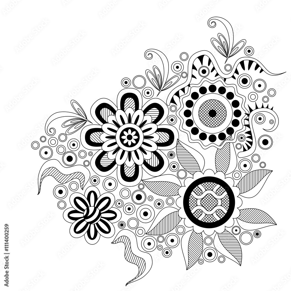 Abstract Outline Ornament, Contour Black and White Floral Pattern on White Background. Vector Abstract Outline Ornament, Contour Black and White Floral Pattern on White Background. Vector