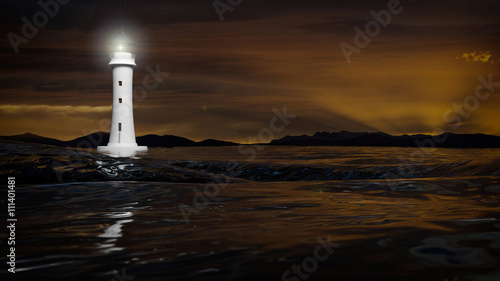 3D rendering of a lighthouse and dark sea waters in dusk, seascape