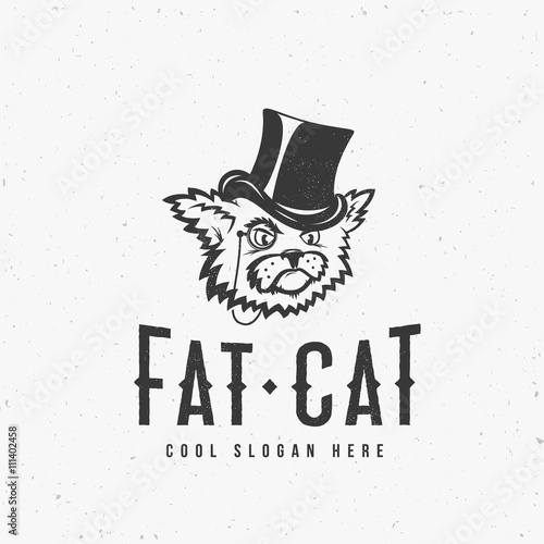 Fat Cat Abstract Vintage Vector Sign, Symbol or Logo Template with Shabby Textures and Print Effect.