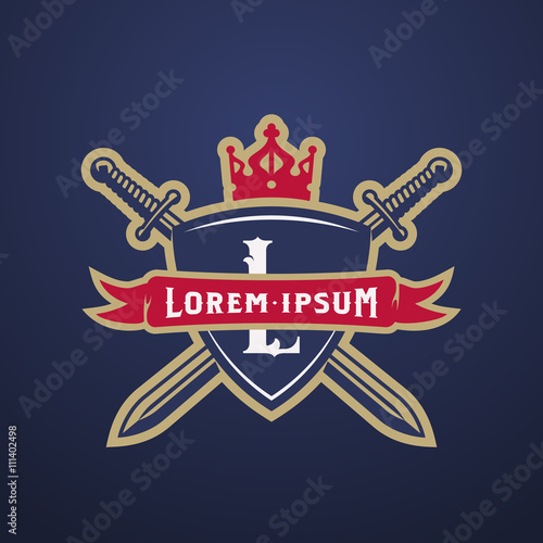 Swords and Shield with Crown, Banner, Monogram. Abstract Vector Sign, Symbol, Logo Template or Sport Team Emblem.