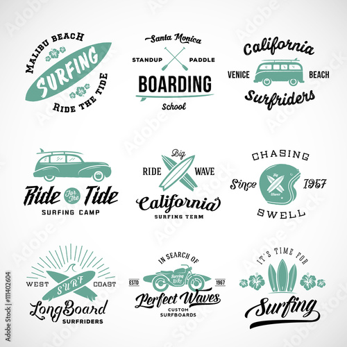 Vector Retro Style Surfing Labels, Logos or T-shirt Graphic Design Featuring Surfboards, Surf Woodie Car, Motorcycle Silhouette, Helmet and Flowers. Good for Posters etc.