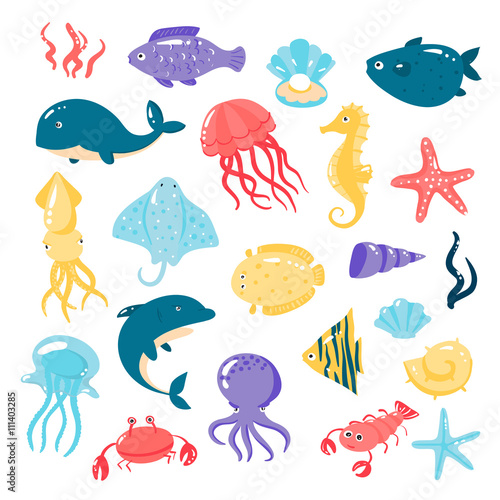 Set of different sea animals in cute cartoon style