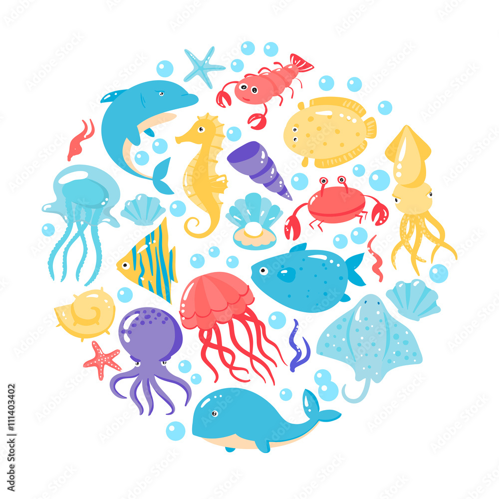 Naklejka premium Set of different sea animals in cute cartoon style