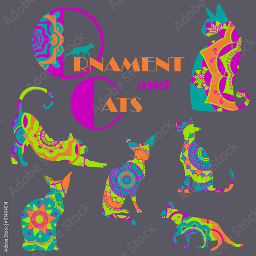 Set of colorful cats with mandala ornament 