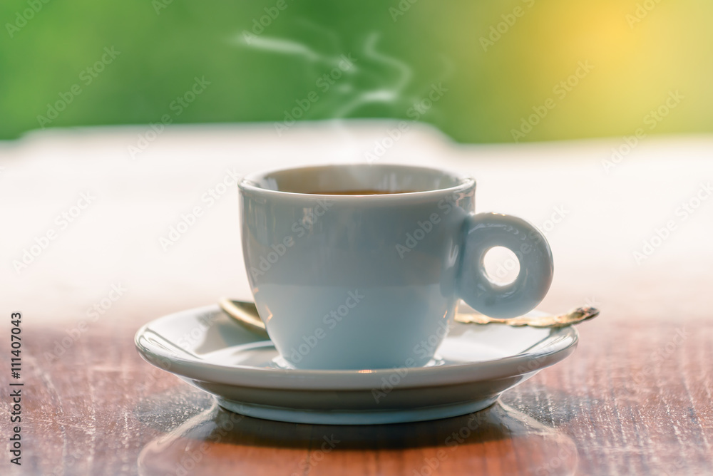 Hot espresso, Black coffee in white cup on wooden table. Hot espresso, Black coffee in white cup on wooden table.