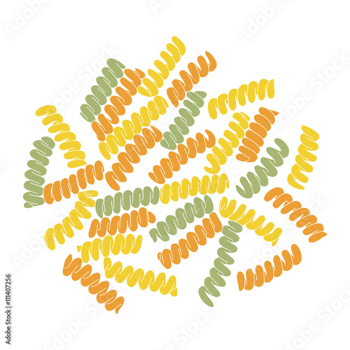 Tricolor fusilli pasta on the white background. Vector hand drawn food illustration. Corkscrew shaped pasta