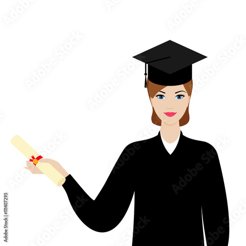 Graduate girl in the mantle keeps graduation diploma in hand