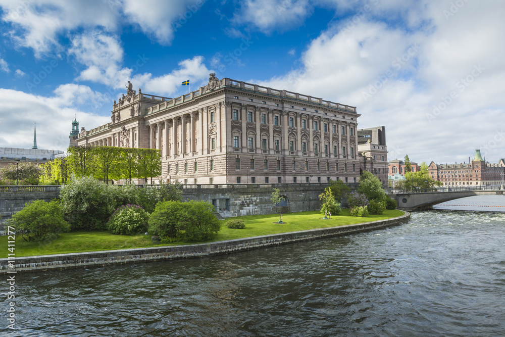 Naklejka premium Riksdag Parliament Building and Norrbro Bridge In Stockholm, Sweden.