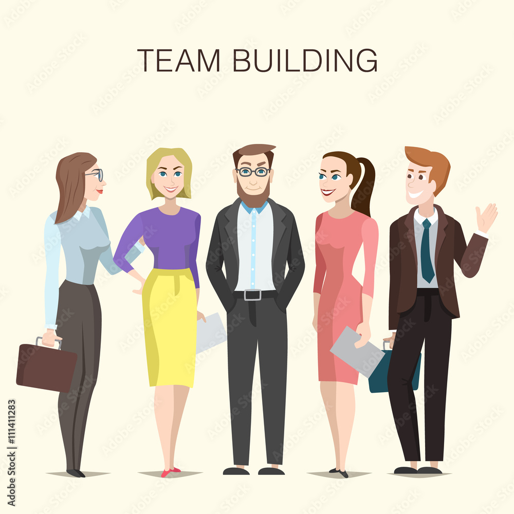 Team building illustration with cartoon men and women characters. Stock  Vector | Adobe Stock