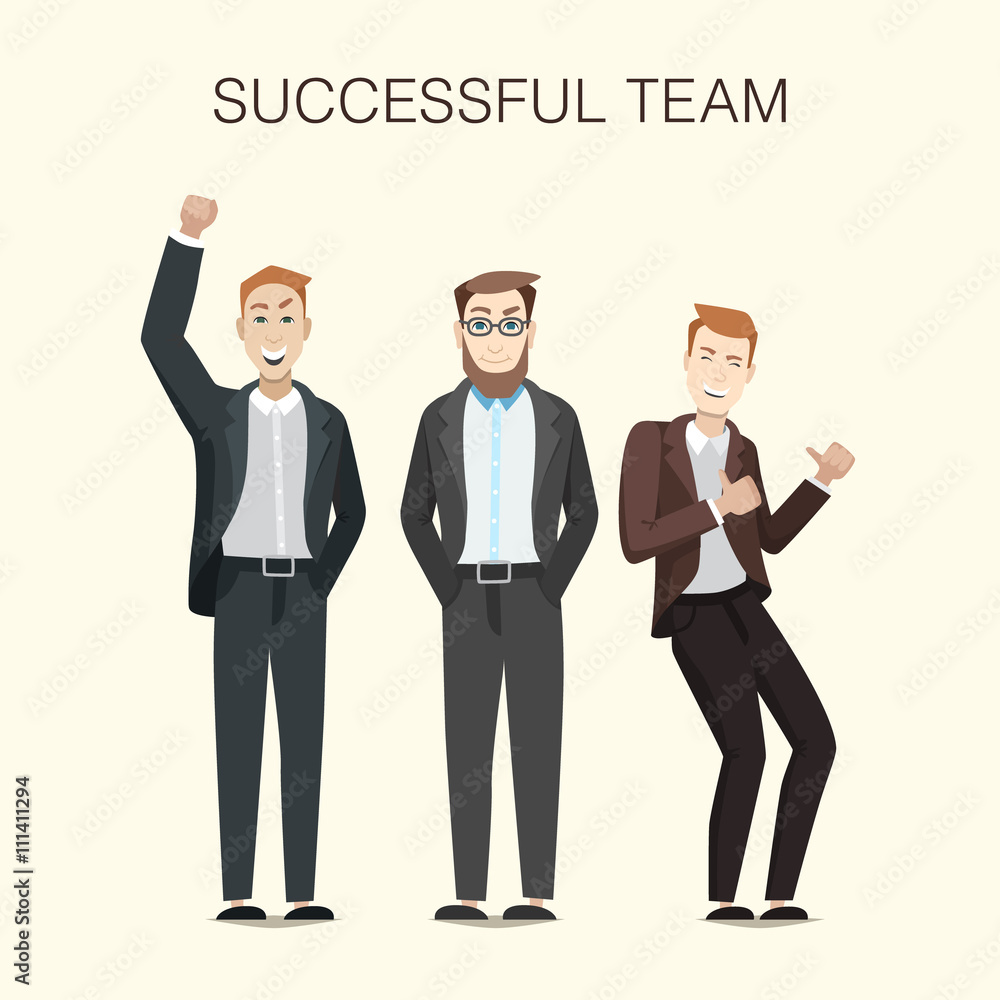 Successful team illustration with smiling business men characters. Successful team illustration with smiling business men characters.
