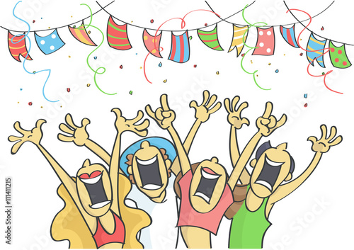 Funny cartoon illustration of group of people partying.