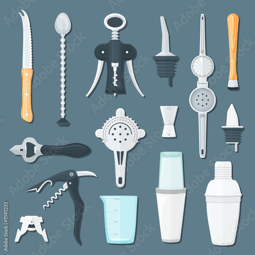 barman equipment flat illustration set.
