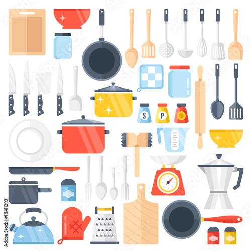 Vector kitchen tools set. Kitchenware collection. Lots of kitchen tools, utensils, cutlery. Modern flat design vector illustration