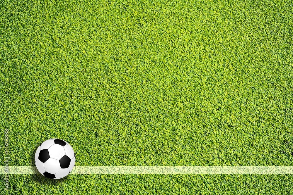Fototapeta Piłka nożna na zielonym trawniku z linii bocznej