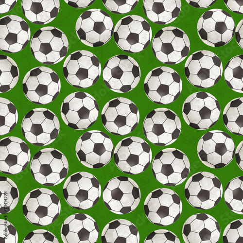 Many realistic soccer balls on green grass  seamless pattern