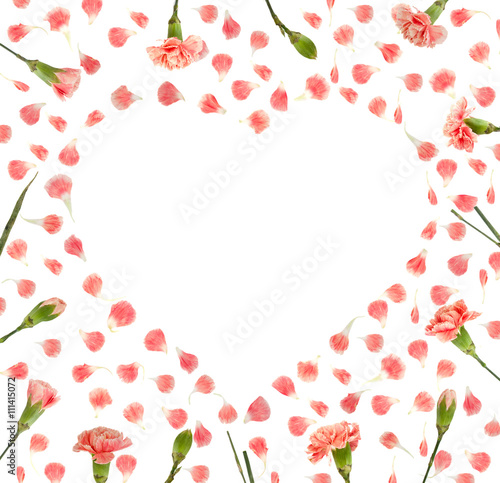 Pink flower petals in shape of heart isolated on white background. Flat lay.