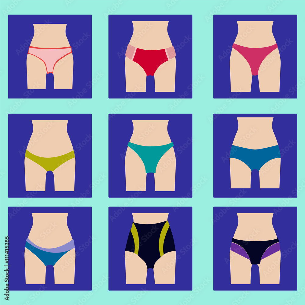 Various types of women panties icons set. Stock Vector