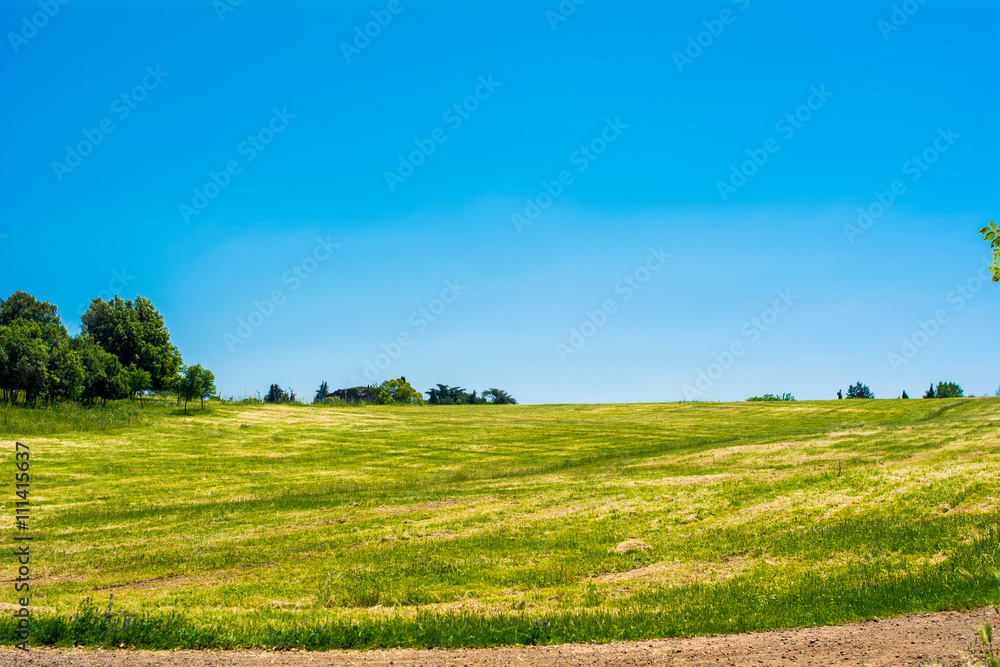 Parco della Caffarella a Roma. Vista su prato e cielo Parco della Caffarella a Roma. Vista su prato e cielo