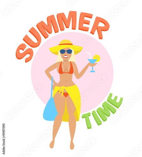summer time illustration,beautiful woman in bikini with cocktail