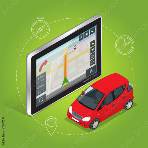 Geolocation gps navigation touch screen tablet. Mobile GPS navigation concept. Flat 3d vector isometric illustration.