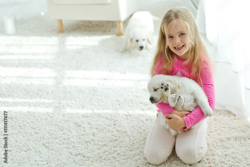 Little kid are playing with labrador puppies Little kid are playing with labrador puppies