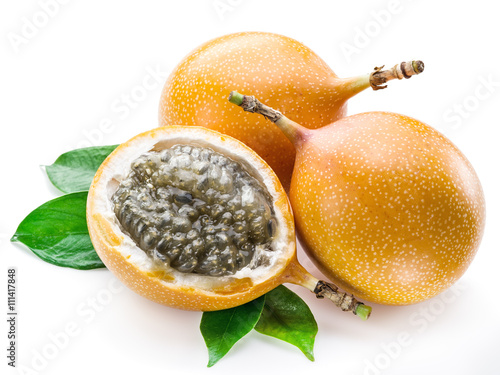 Granadilla fruits on the white background. photo