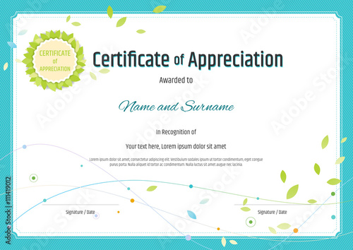 Certificate of appreciation template in nature theme with green leaf