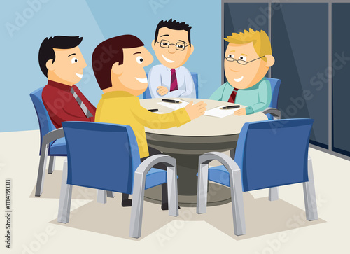 Interior of meeting room. Company staff training. Manager explaining business strategy. Vector cartoon simple illustration.