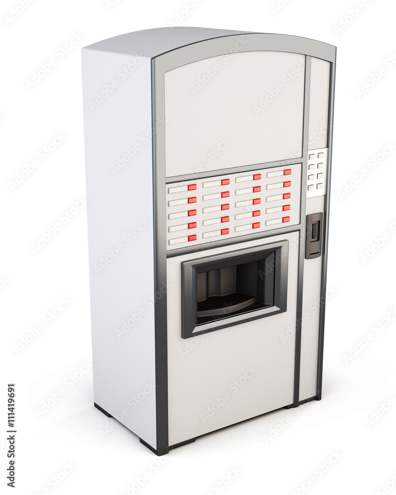 White vending machine for drinks and snacks on a white background. Side view. 3d rendering.