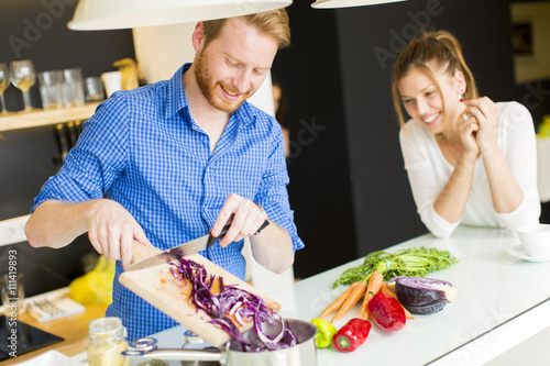 Couple cooking together