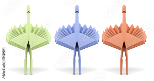 Set of paper peacock isolated on white background. 3d rendering. 