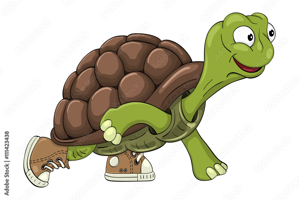 Fototapeta premium Animowany żółw w trampkach przygotowuje się do biegania