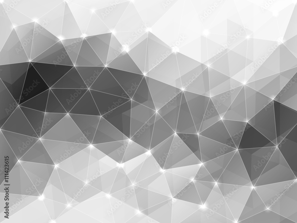 Fototapeta premium Abstract polygonal background with shining dots and crossing lines. Greyscale gamut