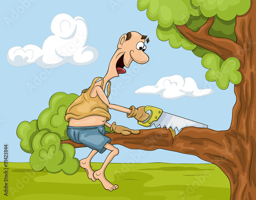 Funny and  not very clever cartoon man is sawing a tree brunch he is sitting on