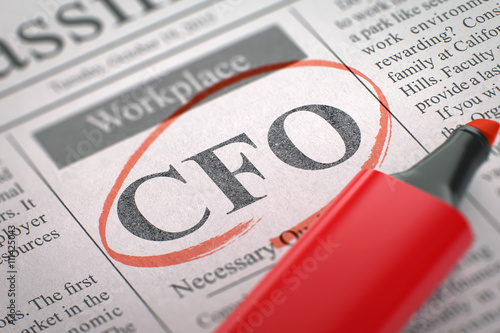 CFO - Jobs Section Vacancy in Newspaper, Circled with a Red Marker. Blurred Image. Selective focus. Job Seeking Concept. 3D. photo