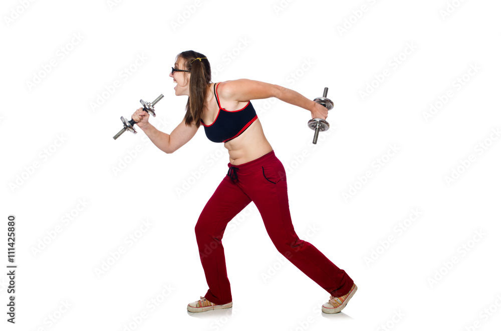 Funny woman with dumbbells isolated on white Funny woman with dumbbells isolated on white