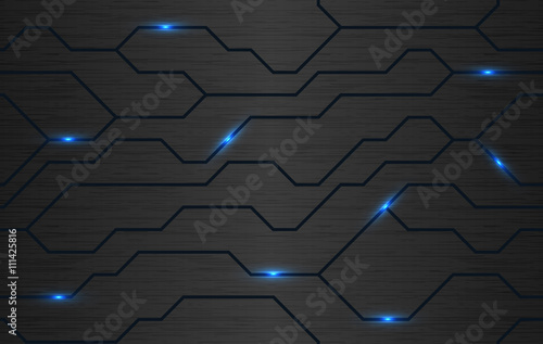 Seamless vector futuristic dark iron techno texture. Blue abstract electron energy line on brushed black metal background. Power vein light tech pattern. photo