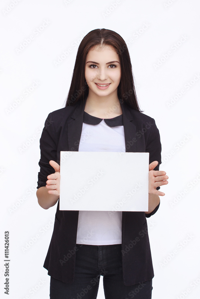 happy woman holding white blank paper happy woman holding white blank paper
