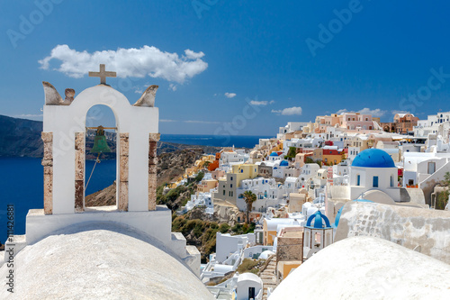 Church bell tower in Oia on Santorini Island.