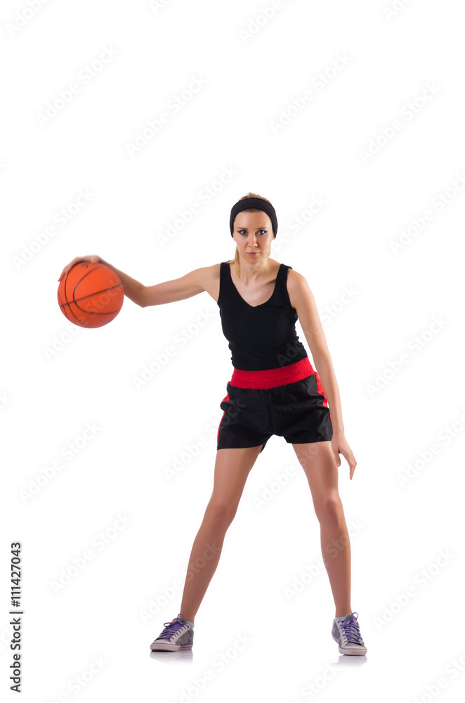 Woman playing basketball isolated on white