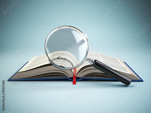 Library search. Loupe and book. Educational concept.