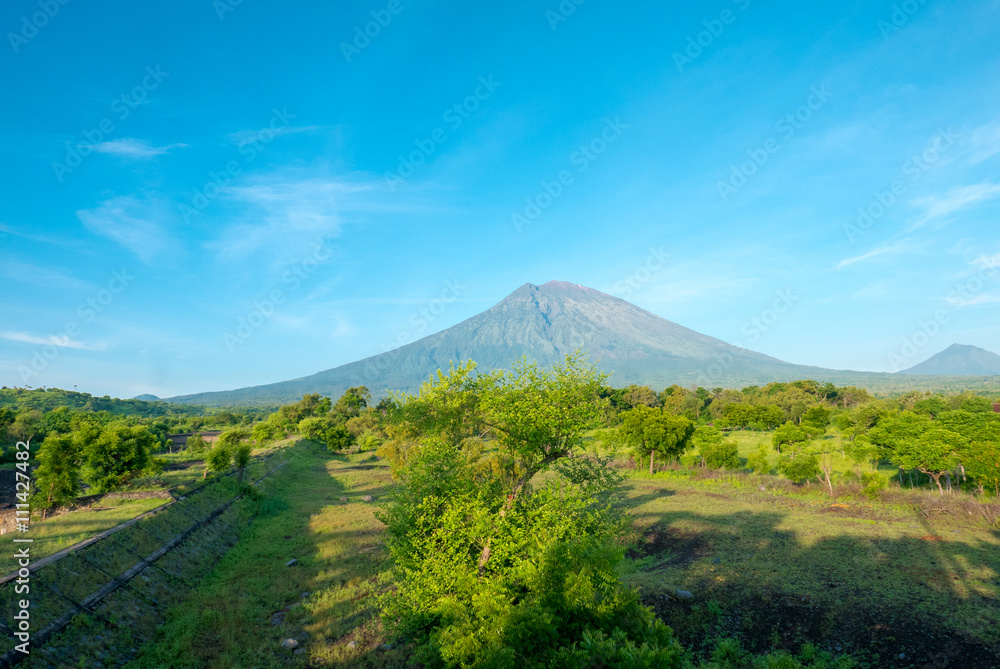 Volcano Gunung Agung with clear blue sky from Amed in Bali, Indo