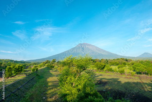 Volcano Gunung Agung with clear blue sky from Amed in Bali, Indo