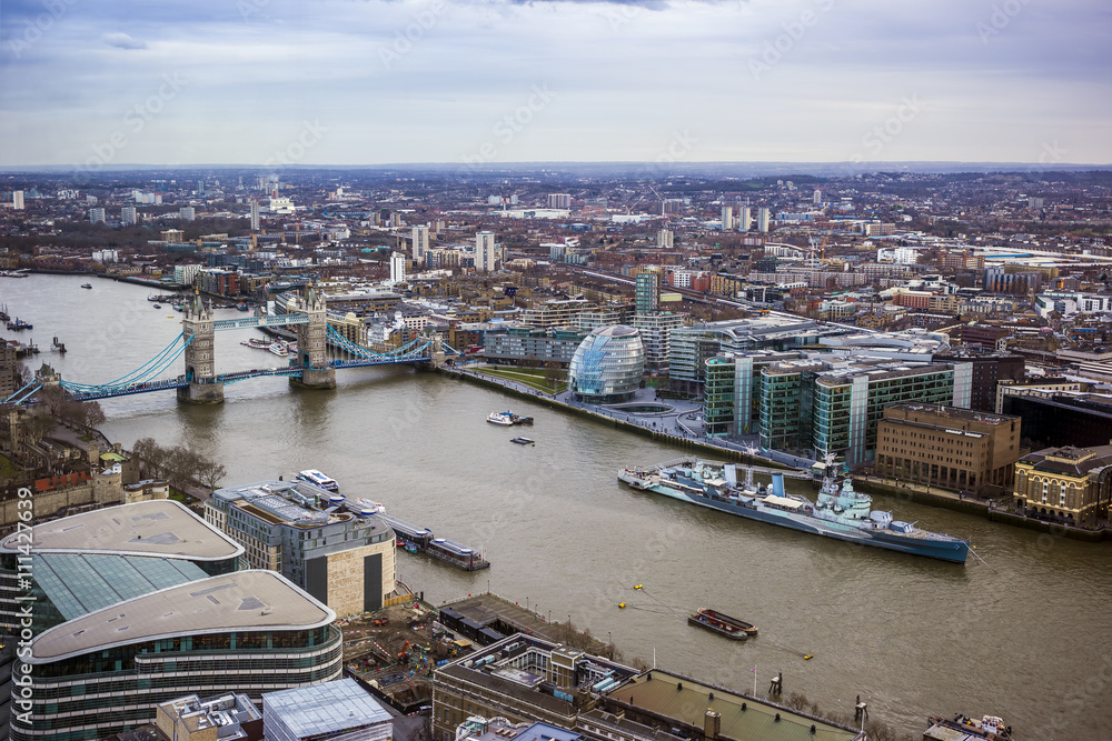 London, England - Aerial view of London including Tower Bridge, City Hall, River Thames and HMS Belfast