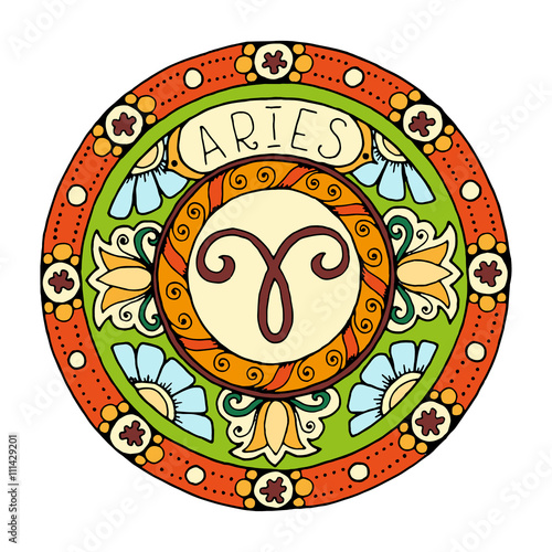 Zodiac signs theme. Mandala with aries zodiac sign. Zentangle inspired mandala. Hand drawn tribal mandala horoscope symbol for tattoo art, printed media design, stickers, etc. 