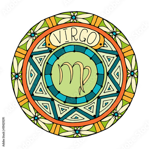 Zodiac signs theme. Mandala with virgo zodiac sign. Zentangle inspired mandala. Hand drawn tribal mandala horoscope symbol for tattoo art, printed media design, stickers, etc.
