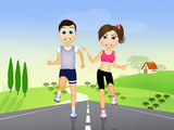 couple runs with headphones for music on countryside