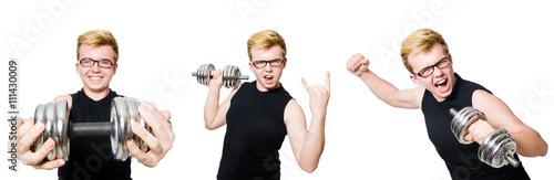 Man with dumbbells isolated on white