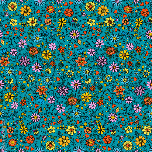 Seamless hand drawn pattern with flowers. Decorative pattern with abstract flowers and leaves. Doodle floral background. Zentangle inspired pattern.