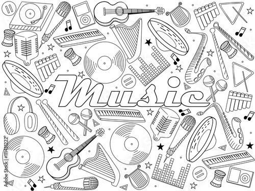 Music instruments coloring book vector